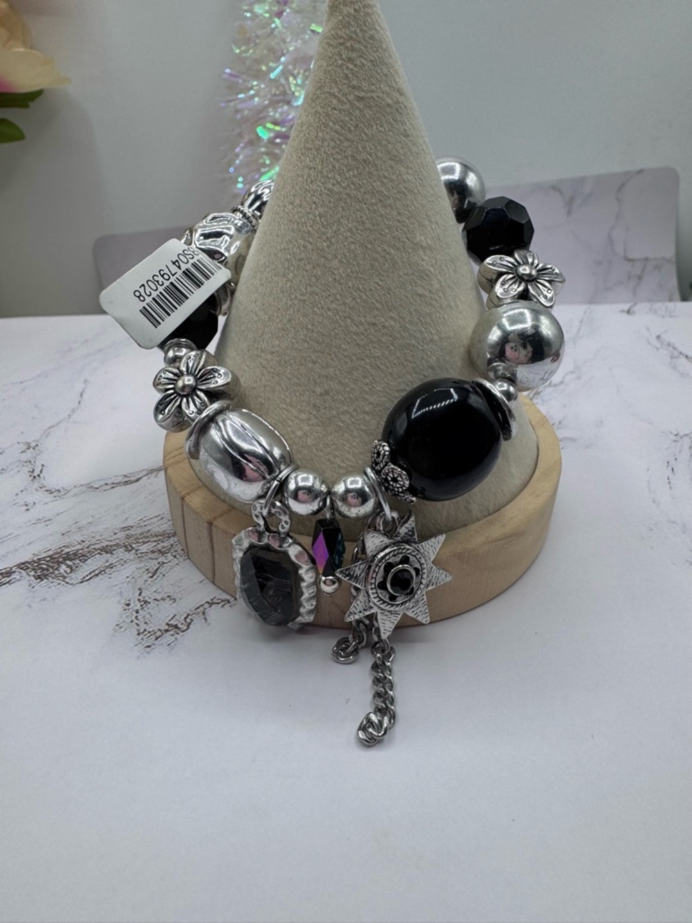 Chunky Black & Silver Charm Bracelet Statement Beaded Stretch Boho Vintage Style